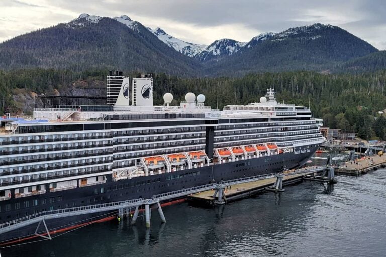 A Holland America ship docked in Sitka, Alaska