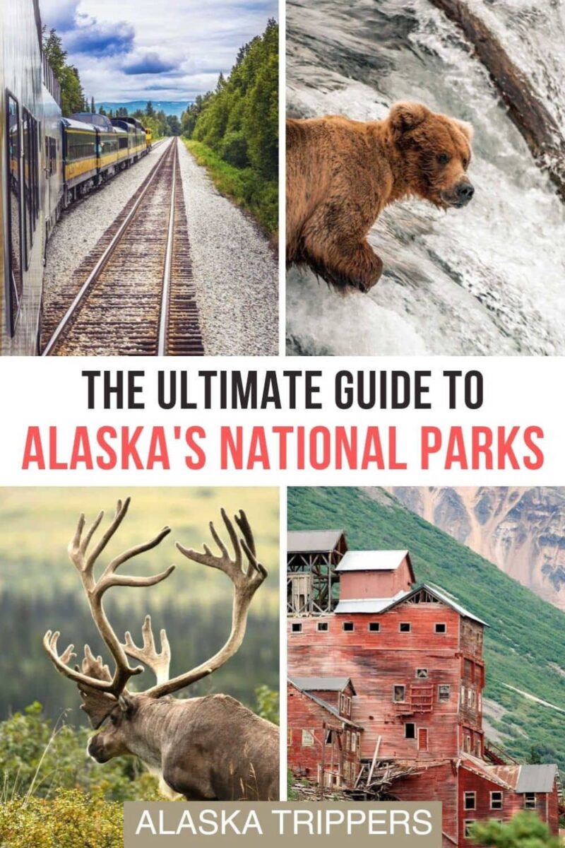 Alaska Railroad, brown bear, caribou, and Kennecoot Mines, all in Alaska National Parks