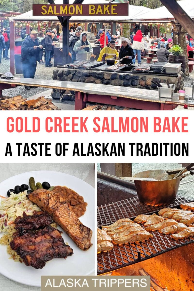 In Juneau, the Gold Creek Salmon Bake serves grilled Coho from an alder wood fire, with wild-rice pilaf, cheechako chicken, and sides. Discover how to get there from the port, how to get tickets, and optional attractions like panning for gold. Juneau's Gold Creek Salmon Bake, Coho salmon on the grill and a plate of salmon and ribs
