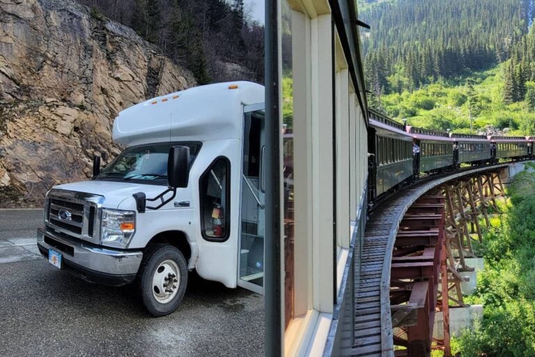 White Pass Summit bus and the White Pass & Yukon Route train