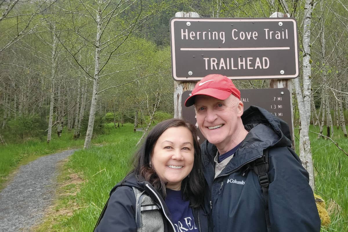 At the Herring Cove trailhead in Sitka, Alaska
