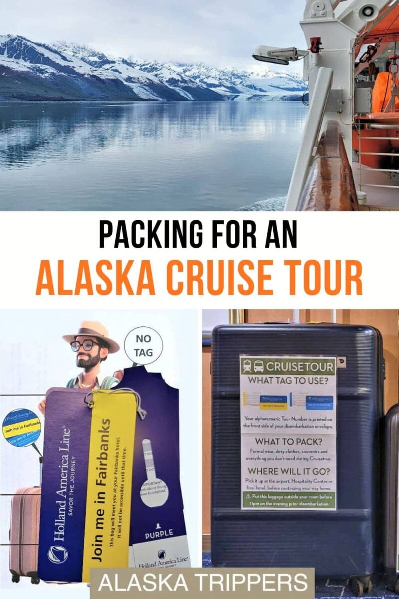 College Fjord from a cruise ship, a packing tag for an Alaska cruise tour and a suitcase