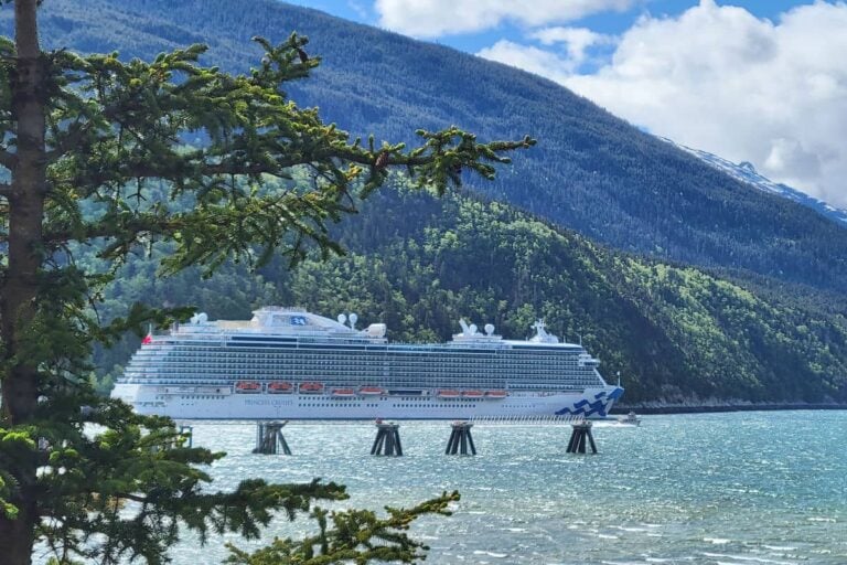 A ship docked in Skagway as seen from a free walk along the coastline