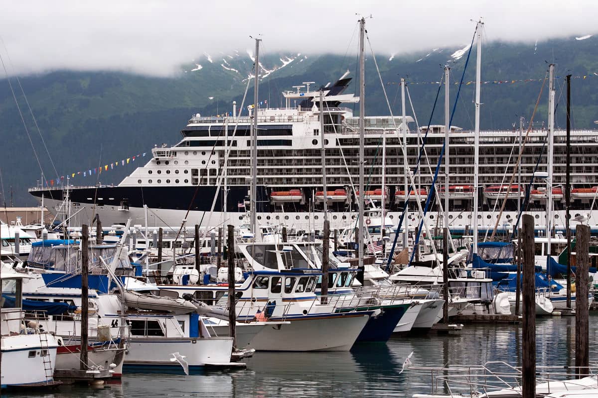 A ship docked at Seward cruise port
