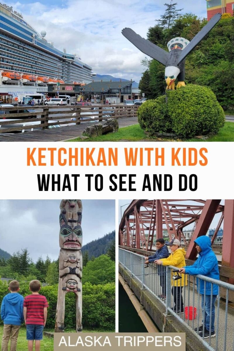 Kids visiting Ketchikan, at a totem pole, fishing and at the cruise port