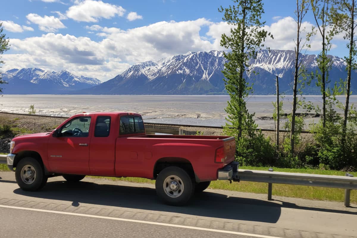 Red truck on the Seward Highway