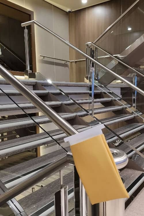 barf bags on the staircase during a rough Alaska cruise