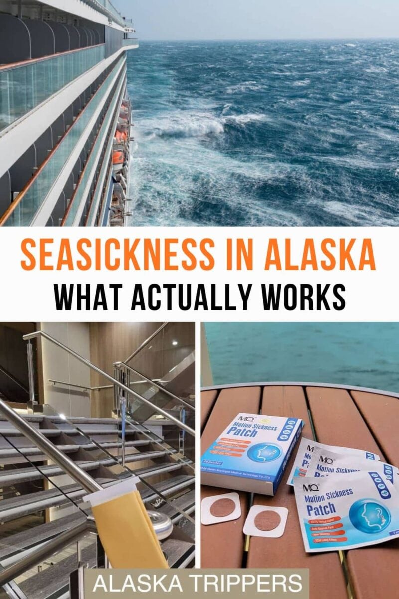 Rough waters in Alaska during a cruise, barf bags on the staircase and motion sickness patches