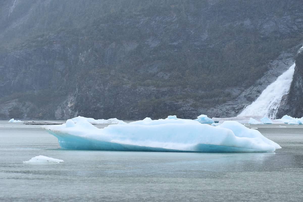 Paddling by icebergs on Mendenhall Lake in Juneau