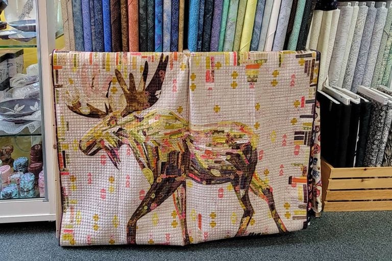Moose quilt in an Alaska quilt shop
