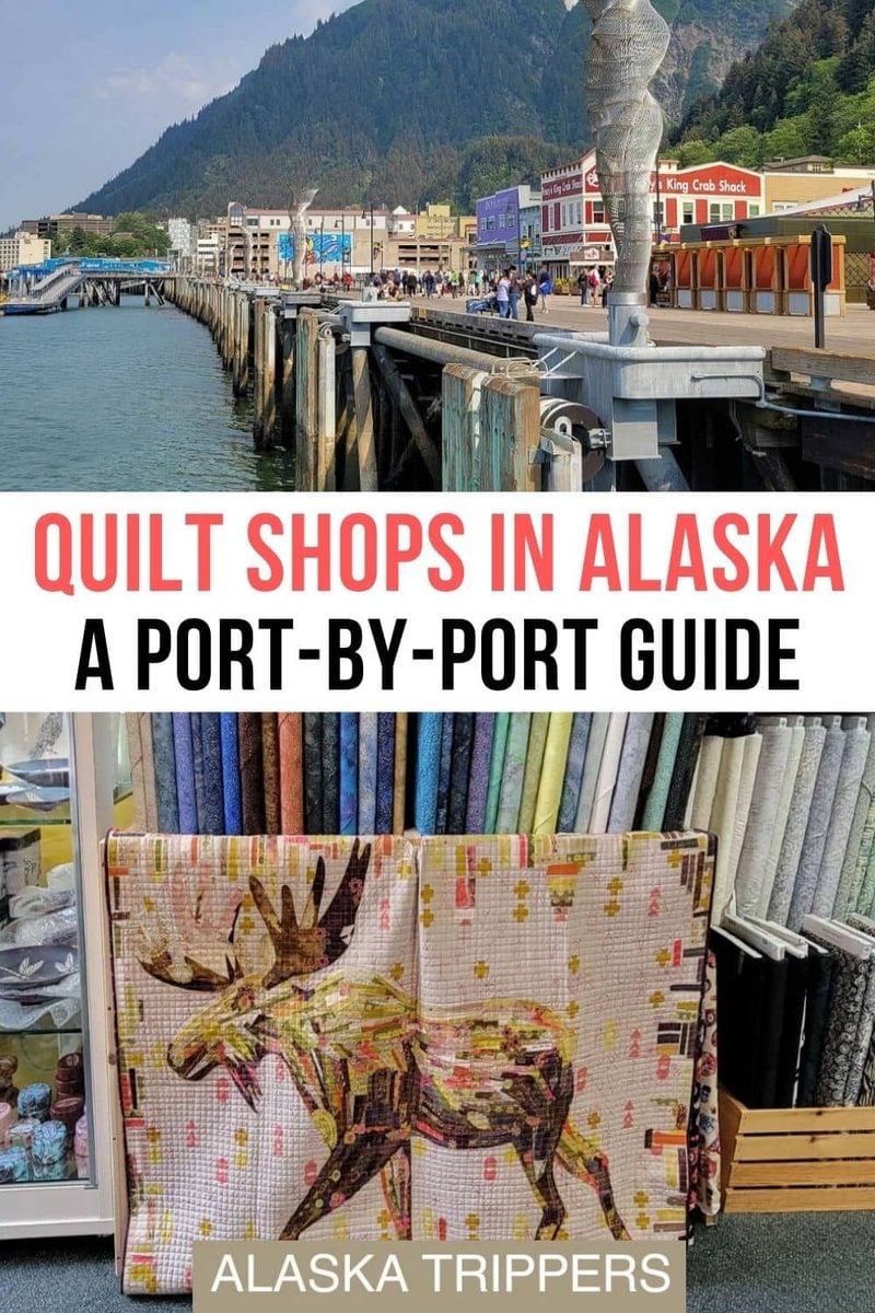 Juneau waterfront and a moose quilt in an Alaska quilt shop